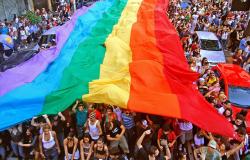 Mais de duzentas pessoas na rua segurando faixa com as cores do arco-íris, símbolo da luta LGBT. 