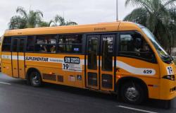 Lateral do ônibus suplementar S19, que é amarelo.