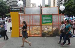 Caixas de material transparente na Praça Sete com lixo ensacado, transeuntes passam ao lado.