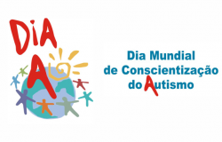 Desenho de mundo com solzinho e várias pessoas coloridas sem círculo com os seguintes dizeres acima: Dia A; e ao lado Dia Mundial de Conscientização do Autismo