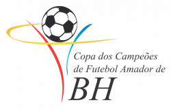 Três traços estilizados nas cores vermelho, amarelo e azul, formando um "v" com uma bola em cima com os dizeres à direita: "Copa dos Campeões de Futebol Amador de BH".