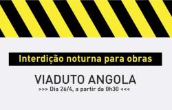Interdição noturna para obras no Viaduto Angola, dia 26/4, a partir da 0h30.
