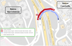 Mapa da Interdição noturna na Avenida Antônio Carlos para manutenção do Viaduto Angola, realizada na quinta-feira, dia 12/4.