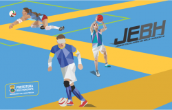 Garota joga vôlei, rapaz joga basquete e outro rapaz joga futebol vendado em arte onde se lê JEBH, sigla dos Jogos Escolares de Belo Horizonte.