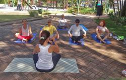 Na foto, seis pessoas estão sentadas no parque em posição de yoga