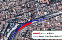 Foto aérea da avenida Cristiano Machado com indicações do trecho interditado e do desvio da pista do Move nas cores vermelho e azul, respectivamente. 