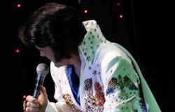 Cover de Elvis Presley cantando ao microfone. 