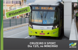 Foto de ônivus 55-Mineirão com os dizeres: #VádeMOVE e Cruzeiro x Sport dia 13/5, no Mineirão.