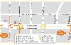 Mapa gráfico mostra trecho da Avenida Amazonas e ruas próximas. Aponta também que serão instalados dois novos semáforos. Um no cruzamento com a Rua Pedra Bonita e outro com a Rua Cura D'ras