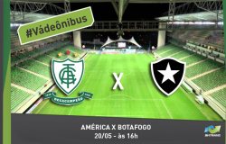 Imagem interna do Estádio Independência com os dizeres? "#Vádeônibus" e "América x Botafogo, dia 20/5, às 16h"