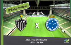 Foto interna do Estádio Independência com os emblemas dos times Atlético e Cruzeiro e os dizeres: "#Vá de ônibus" e Alético x Cruzeiro, 19/5, às 16h.