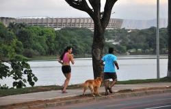 Duas pessoas caminham na orla da Lagoa da Pampulha com um cão. 