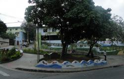 Uma essoa em praça com área verde e pinturas
