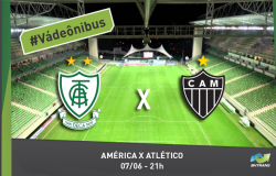 Escudo dos clubes América e Atlético Mineiro, informações sobre a partida e a hashtag vá de ônibus. Ao fundo, estádio independência.
