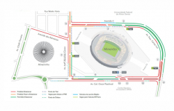 Mapa da operação de transporte e trânsito para a exibição do jogo Brasil x Sérvia na Esplanada do Mineirão