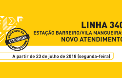 Imagem amarela com texto "Linha 340 - Estação Barreiro Vila Mangabeira - Novo Atendimento". Há um símbolo de um carimbo com texto "Demanda da Comunidade Atendida"
