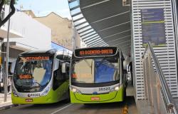 A foto mostra dois ônibus do Sistema de Transporte Público de Belo Horizonte parados em uma estação de transferência de passageiros. 