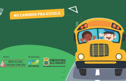 Imagem gráfica de um ônibus escolar com texto "No caminho pra escola"