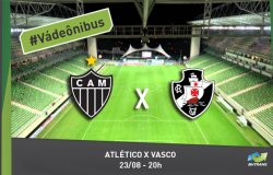 Escudos dos times Atlético Mineiro e Vasco e no fundo o estádio Independência vazio. #VádeÔnibus