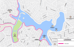 Mapa da orla da Lagoa da Pampulha e destaque em rosa no percurso da Meia Maratona da Advocacia
