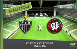 Escudos dos times Atlético Mineiro e Atlético Paranaense e no fundo o estádio Independência vazio. #VádeÔnibus