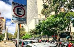 Placa de estacionamento rotativo na rua Alvares Cabral, prédios e árvores ao fundo.